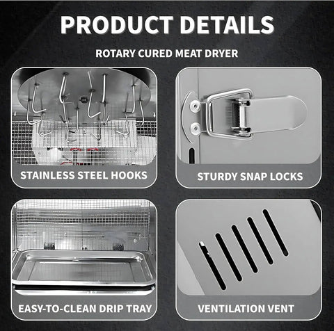 High Capacity Commercial Food Dehydrator With Stainless Steel Frame And 800 Watt Heater For Smoking Meat Jerky Drying Fruits And Vegetables Featuring Digital Timer And Even Heat Up To 195 Deg F For No Sweat Setup And Serious Smoke Sessions showing stainless steel hooks, snap locks, drip tray, and ventilation vent.