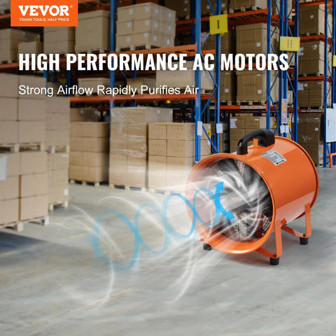 Industrial warehouse showing VEVOR Air Mover Blower Fan 12 Inch, 3198CFM 585W with 16.4ft duct, highlighting strong airflow.