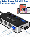Heavy Duty 7 In 1 Cigarette Lighter Splitter Car Charger Adapter With Quick Charge 3.0 on a desk with charging devices connected.
