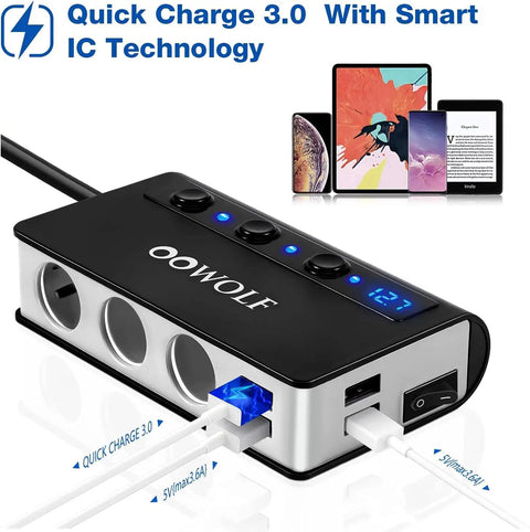 Heavy Duty 7 In 1 Cigarette Lighter Splitter Car Charger Adapter With Quick Charge 3.0 on a desk with charging devices connected.