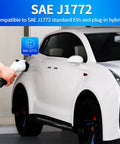SAE J1772 Portable Level 2 EV Charger 32 Amp 90 To 260 Volt 7 KW Wall Connector with plug in use on electric vehicle.
