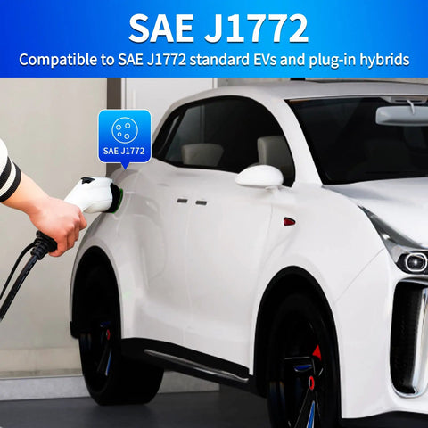 SAE J1772 Portable Level 2 EV Charger 32 Amp 90 To 260 Volt 7 KW Wall Connector with plug in use on electric vehicle.