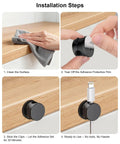 Steps showing installation of 12 Pack 360 Degree Rotatable Spring Cable Clips With 1 Second Lock Adhesive Cord Holder.