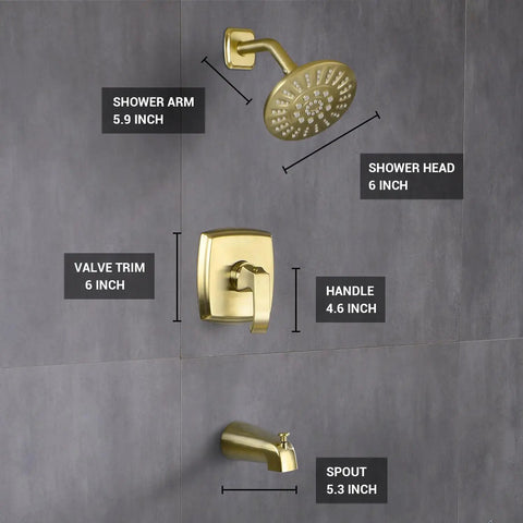 Brushed Gold Shower Trim Kit With Valve Tub And Shower Faucet Set, 5 Spray Shower Head, Pressure Balance Rough In Valve, Sizes Included