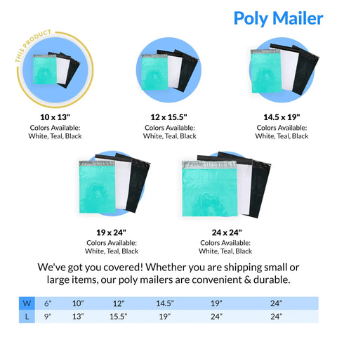 Image of teal, white, and black poly mailers in various sizes, including Teal 10x13 Inch Poly Mailers 220 Pcs Self Sealing Non Padded Shipping Bags for Clothing.