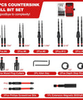Hardcore 20 Piece Countersink Drill Bit Set With Tapered Bits Wood Plug Cutters Depth Stop Rings And Hex Keys For Dead Fast Finish Prep Work Every Damn Time displayed with various bits and accessories.
