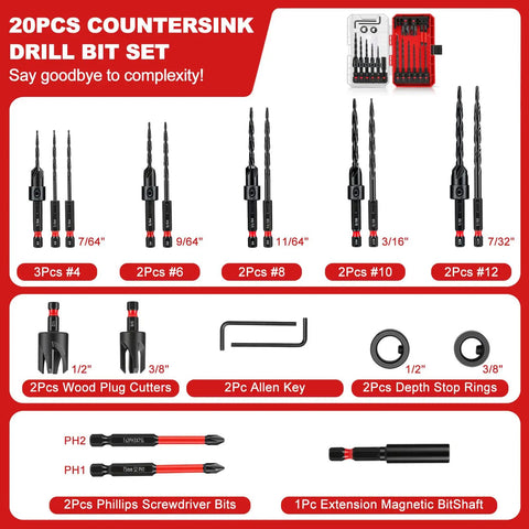 Hardcore 20 Piece Countersink Drill Bit Set With Tapered Bits Wood Plug Cutters Depth Stop Rings And Hex Keys For Dead Fast Finish Prep Work Every Damn Time displayed with various bits and accessories.