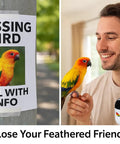 Lightweight 9g Bird Tracking Leg Ring For Parrots And Small Birds, Peace Of Mind Location Monitor poster and man with bird