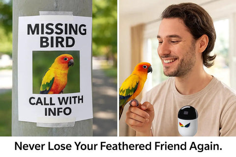 Lightweight 9g Bird Tracking Leg Ring For Parrots And Small Birds, Peace Of Mind Location Monitor poster and man with bird