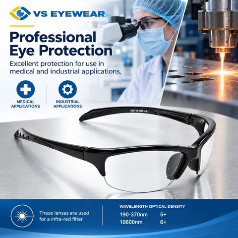 Badass Laser Safety Glasses With Co2 Excimer Filter Black Semi Rimless Wrap Around Frame on a table in a lab setting.