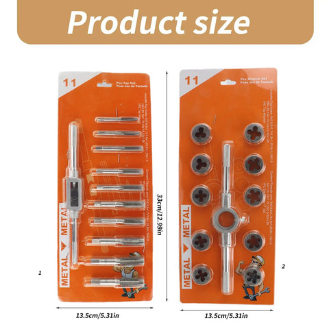 The Ultimate 11 Piece Tap And Die Set For Garage Hacks And Workshop Wizardry. Crafted From High Grade Tool Steel, This Precision Threading Kit Makes Taping Easy Without Breaking Your Hands Or Budget. 11-piece metal set, 13.5 x 33 cm