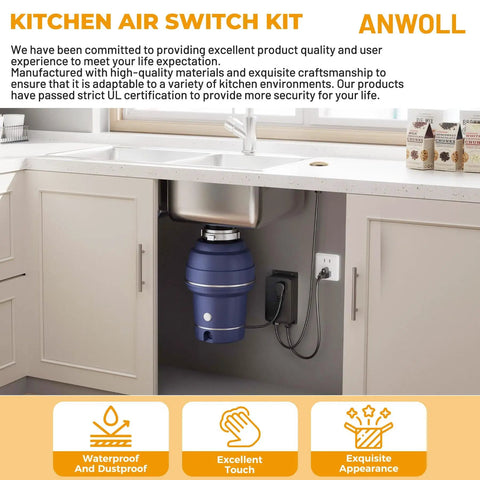 Garbage Disposal Air Switch Kit With Sink Top Button, UL Listed, Easy Install, matched for Delta Champagne Bronze Faucets in kitchen setting.