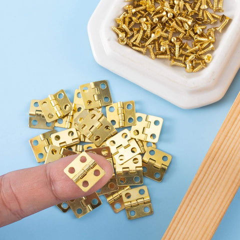 Thirty Pieces Small Brass Hinges For Crafts With 120 Screws And Nails, 13 X 12 Mm Mini Hardware For Jewelry Boxes and DIY Projects