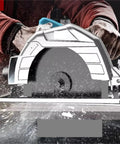 Heavy Duty Electric Circular Saw For Knocking Out Precise Hardwood Cuts, close-up showing blade and handle with sawdust.