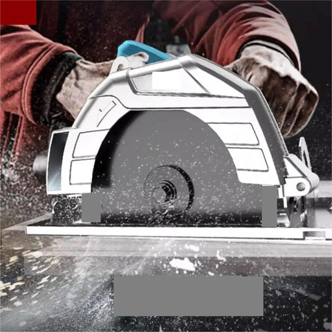 Heavy Duty Electric Circular Saw For Knocking Out Precise Hardwood Cuts, close-up showing blade and handle with sawdust.