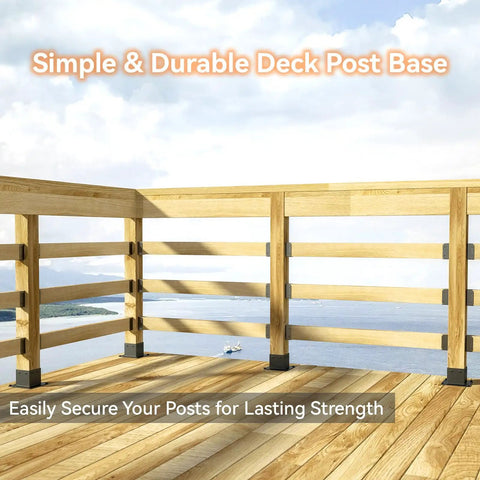 Wooden deck with railing supported by Stainless Steel Flange Anchor Base For 4x4 Deck Posts With Screws Black Finish 3.5 By 3.5 Inch Inner Size Heavy Duty Post Mount For Deck Railing Includes Four Five Sixteenth Inch Screws And Eight Three Sixteenth Inch Screws One Pack
