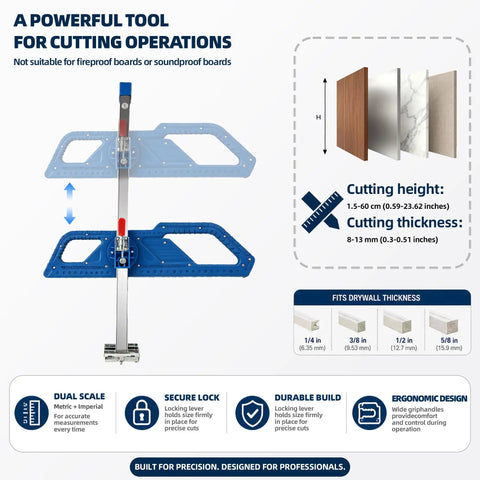 Pro Drywall Cutter With Tungsten Carbide Wheel, Foldable Design And 25 Bearing Glide System For Smooth, Sharp Cuts, No Blade Replacement Needed, showing drywall thickness guide