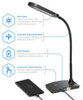 Ivy LED Desk Lamp With USB Port And 3 Way Touch Switch, adjustable neck, USB charger, black reading light, 500 lumen task lamp