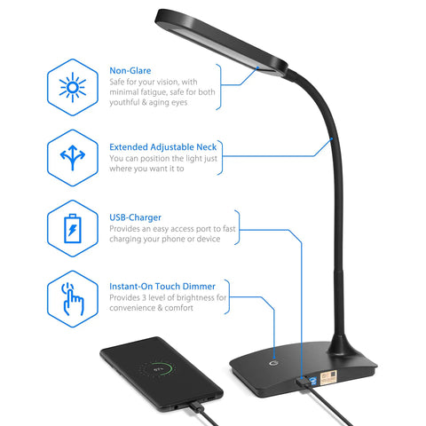 Ivy LED Desk Lamp With USB Port And 3 Way Touch Switch, adjustable neck, USB charger, black reading light, 500 lumen task lamp