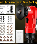 2-in-1 pneumatic chamfering tool, red, front view, with blades, bearings, screws and wrenches for metal, acrylic, wood