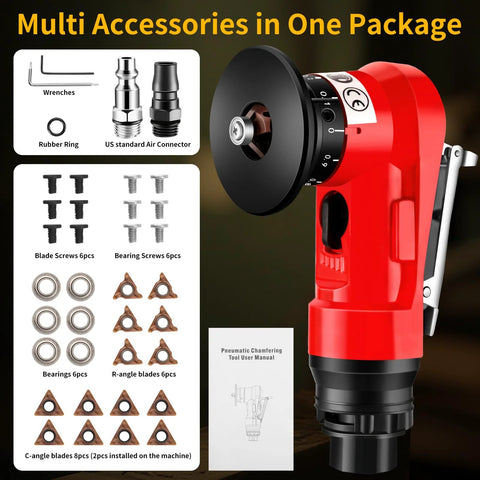 2-in-1 pneumatic chamfering tool, red, front view, with blades, bearings, screws and wrenches for metal, acrylic, wood