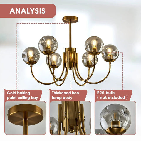 Gold 6-Light Sputnik Chandelier With Glass Shade, Modern Farmhouse Ceiling Pendant, bulb details, and metal finish