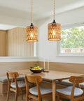 Plug And Play Pendant Light Hand Braided Natural Hemp Rope Hanging Lamp in dining room with wooden table and cozy ambiance.