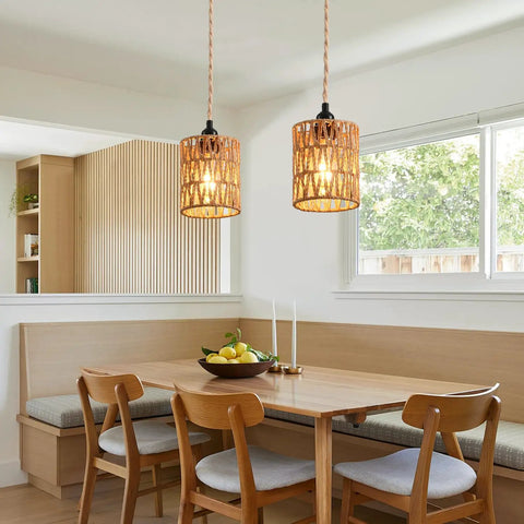 Plug And Play Pendant Light Hand Braided Natural Hemp Rope Hanging Lamp in dining room with wooden table and cozy ambiance.
