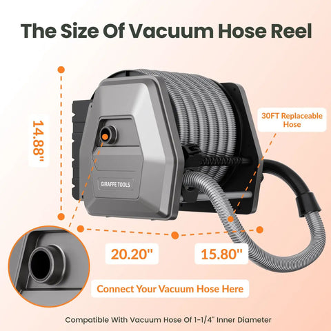 Wall-mounted retractable vacuum hose reel with 30ft hose extension, size indications, and 1-1/4 inch diameter for 32mm wet dry vacuums.