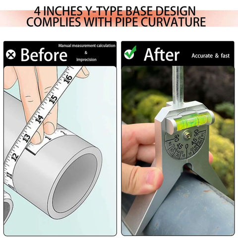 Pipe center finder with 4-inch Y-base and adjustable dial protractor; left measures pipe diameter, right installed.
