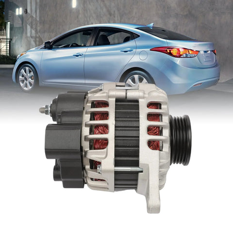 Alternator Replacement For Hyundai Elantra 2.0L 2007 2012 And Kia Soul 2.0L 2010 2011 Spectra Spectra5 2.0L 2007 2009 With 90A 12V 4 Groove Pulley And OE Part Numbers 11311N 2655635 40046020 40046031 shown with car in background