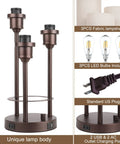 Three Light Table Lamp Set With USB Ports And 2 Prong AC Outlet, Round Fabric Shade Desk Lamps For Living Room Or Bedroom, Includes 3 LED Bulbs