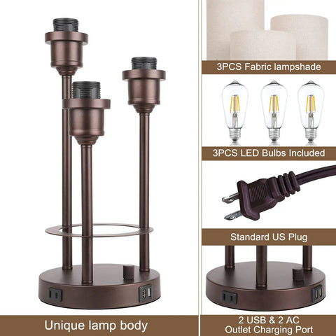 Three Light Table Lamp Set With USB Ports And 2 Prong AC Outlet, Round Fabric Shade Desk Lamps For Living Room Or Bedroom, Includes 3 LED Bulbs