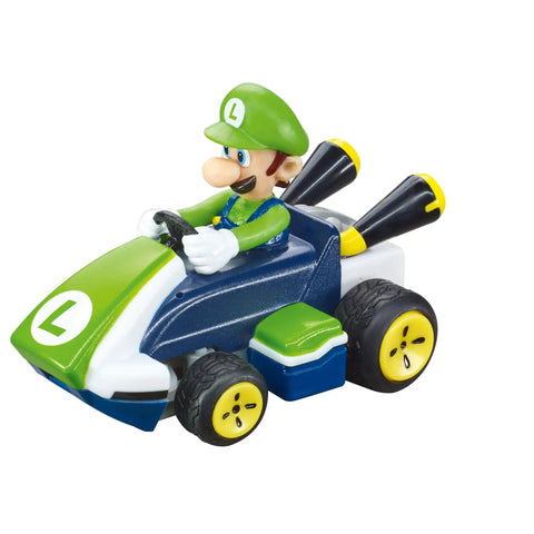 Luigi in a green Mario Kart on toy track, part of the Mario Kart Tabletop RC Racing Set With Mario And Luigi, 2.4GHz Remote Control Cars