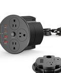 Premium 100W USB C Desktop Power Grommet With Compact Layout Featuring GAN Fast Charging, five AC outlets and four USB ports.