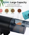 Rock Solid Automatic Fish Feeder With Nailed It Timing Accuracy And Rechargeable Battery For Home Aquariums and Backyard Ponds Featuring Fully Waterproof Housing And Crisp Lcd Panel large capacity 200ml dispenser showcasing various feed types.