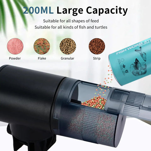 Rock Solid Automatic Fish Feeder With Nailed It Timing Accuracy And Rechargeable Battery For Home Aquariums and Backyard Ponds Featuring Fully Waterproof Housing And Crisp Lcd Panel large capacity 200ml dispenser showcasing various feed types.
