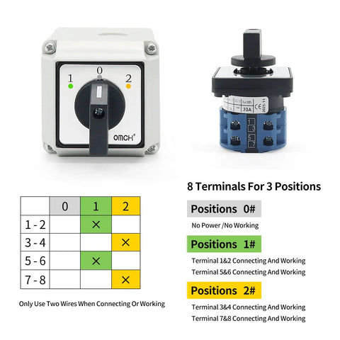 Heavy Duty Rotary Selector Switch 20A 440V Two Pole Three Position Cam Switch With Eight Terminals For Industrial Panels