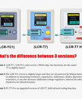 Three versions of upgraded LCR Meter Transistor Tester T7 TC T7 H with graphical LCD and ESR tester readout features displayed.