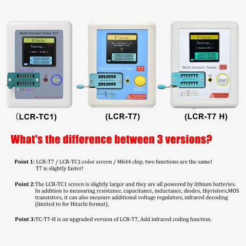 Three versions of upgraded LCR Meter Transistor Tester T7 TC T7 H with graphical LCD and ESR tester readout features displayed.