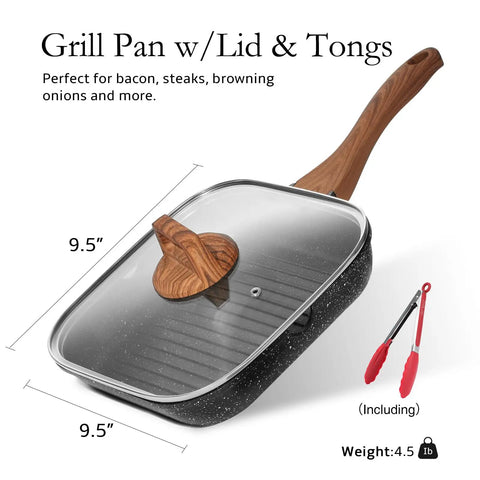 Nonstick Grill Pan With Lid And Tongs 9.5 Inch Square Skillet for Indoor Outdoor Grilling Pour Spouts Easy Oil Free Cooking Granite