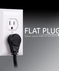 Close-up of flat plug design on 10 Outlet Surge Protector With 2 USB Ports, 6 Foot Cord, 3000 Joules, Flat Plug, Black.