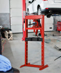Heavy Duty 12 Ton H Frame Hydraulic Shop Press For Garage Floor Use, Adjustable Pressure With Plates, Ideal For Bearings And Ball Joints, Red Finish