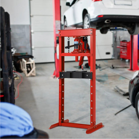 Heavy Duty 12 Ton H Frame Hydraulic Shop Press For Garage Floor Use, Adjustable Pressure With Plates, Ideal For Bearings And Ball Joints, Red Finish