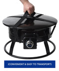 Portable 19-inch Smokeless Propane Fire Pit with cover and straps, easy to transport, suitable for RV camping and outdoor living.