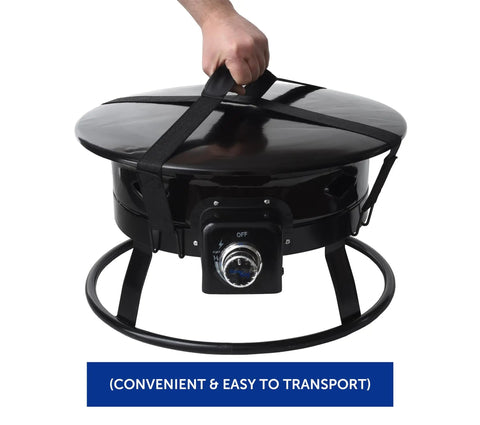 Portable 19-inch Smokeless Propane Fire Pit with cover and straps, easy to transport, suitable for RV camping and outdoor living.