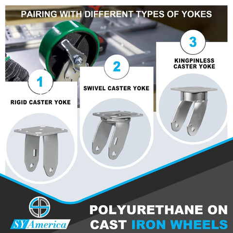 Heavy Duty Industrial Caster Wheels 8 By 2 Inches Green Polyurethane with different caster yokes, rigid, swivel, kingpinless
