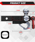 Beefy Tri Ball Mount Trailer Hitch With Three Ball Sizes 1-7/8 In, 2 In, And 2-5/16 In Plus Tow Hook And Shackle, product size diagram