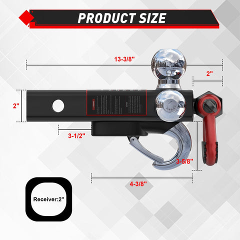 Beefy Tri Ball Mount Trailer Hitch With Three Ball Sizes 1-7/8 In, 2 In, And 2-5/16 In Plus Tow Hook And Shackle, product size diagram