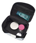 Your Holy Grail Travel Makeup Bag Features A Cool Black And White Piano Grid Design With Seriously Huge Storage Internal Mesh Pockets And Stretchy Rings To Keep Your Vanity Stuff Sorted For Gym Rats Or Campers, open showing organized skincare products.